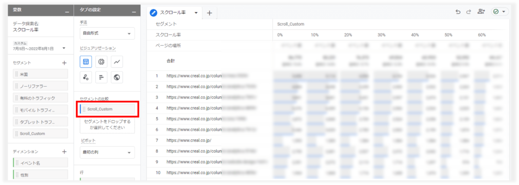 探索でスクロール率軸の分析